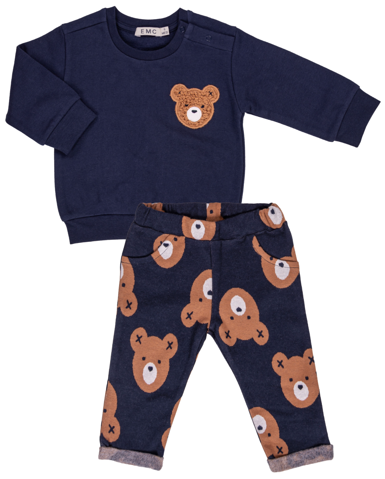 Navy blue children's outfit with teddy bear pattern on a white background