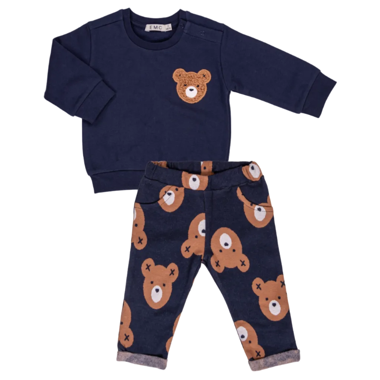 Navy blue children's outfit with teddy bear pattern on a white background