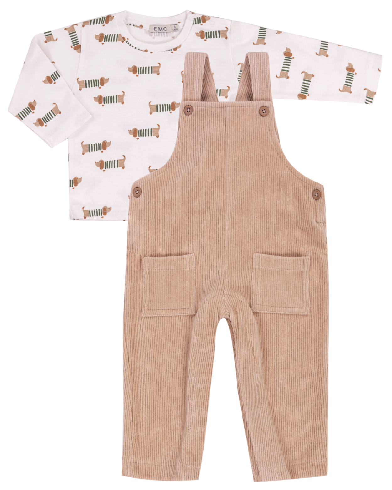 Baby outfit with white shirt and beige overalls on a white background