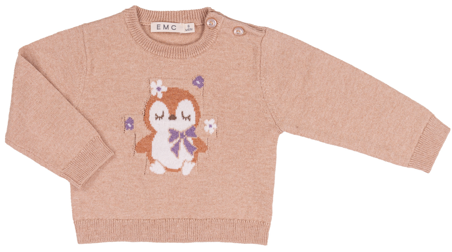 Beige sweater with a cartoon penguin design on a white background