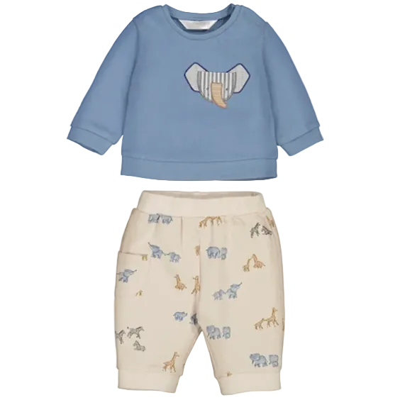 Children's blue sweatshirt with a patch and patterned beige pants on a white background