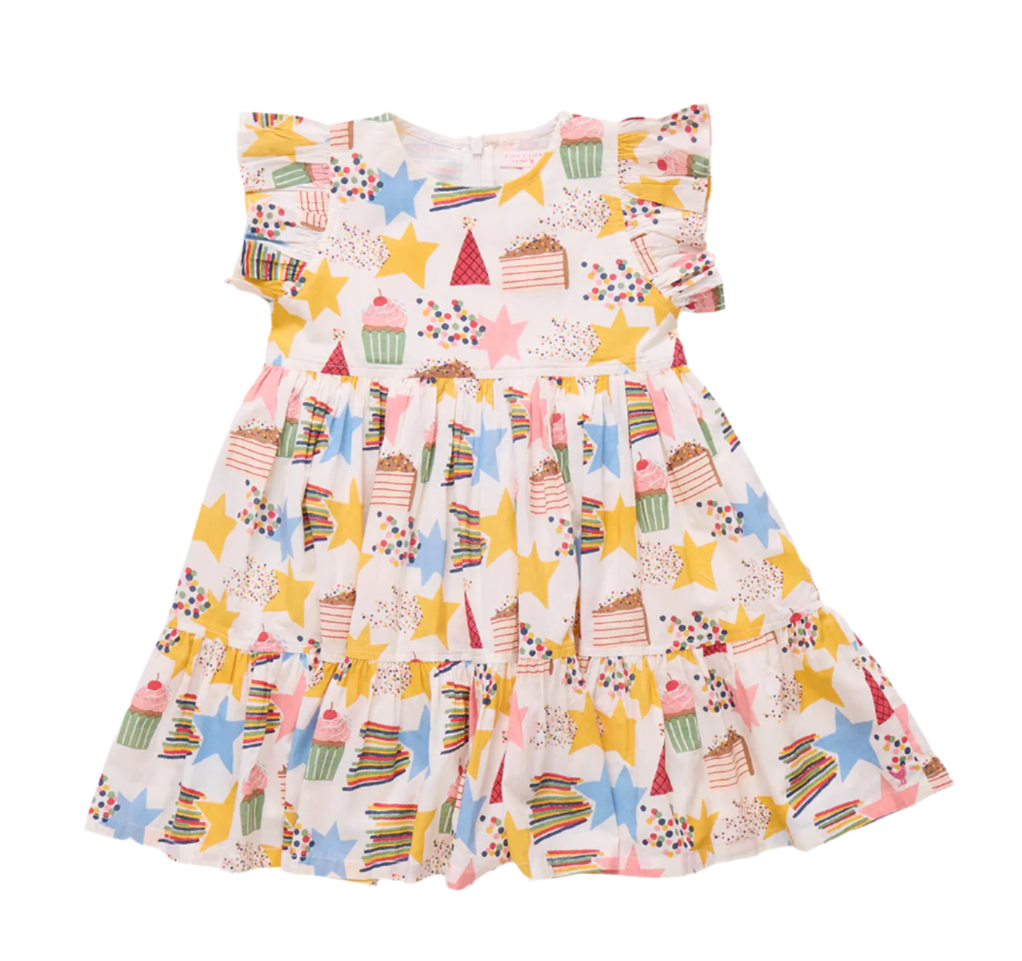 Children's dress with colorful cake and star pattern on a white background
