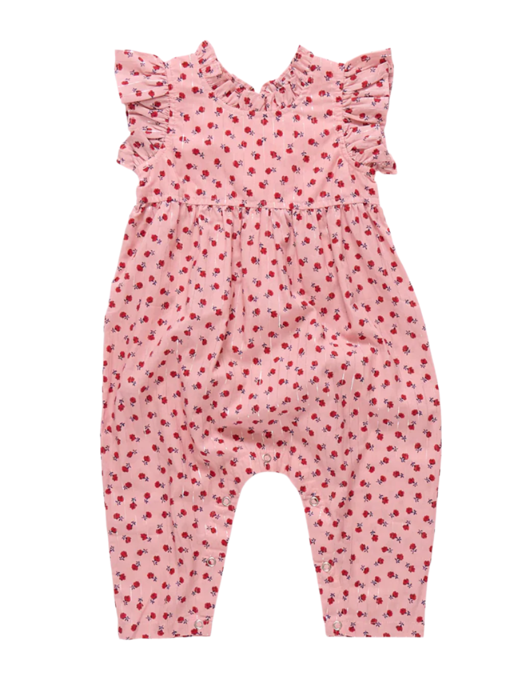 Baby romper with ruffled shoulders on a floral pink background