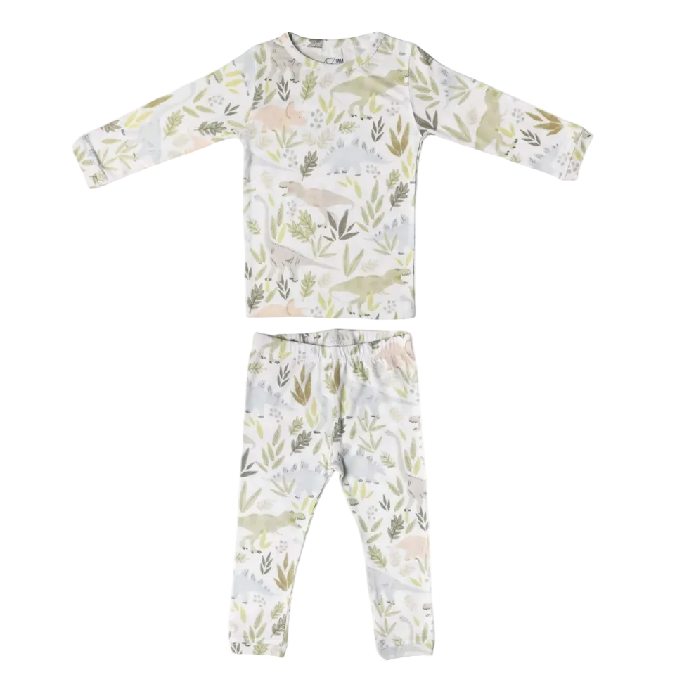 Dino patterned pajama set on a white background