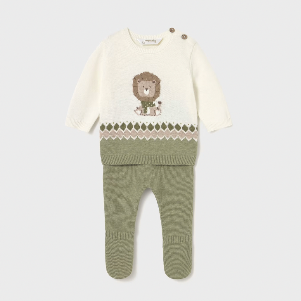 Baby sweater and pants set with lion design on a light gray background