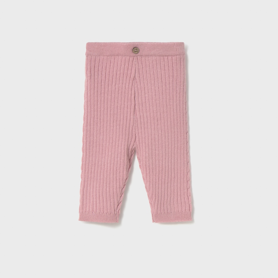 Pink ribbed baby leggings on a light gray background
