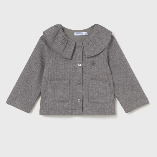 Gray children's cardigan with ruffled collar on a light gray background