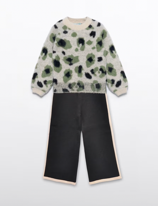 Floral-patterned sweater and black pants on a white background