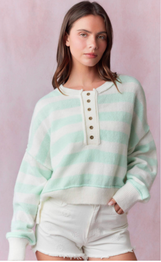 Mint White Stripe Top