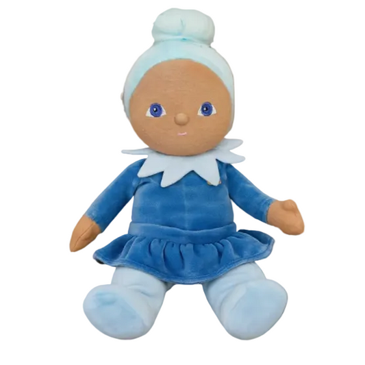 Plush doll with blue outfit and white headband on a white background
