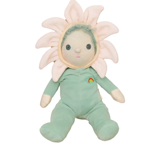 Plush toy resembling a flower with a green body on a dark background