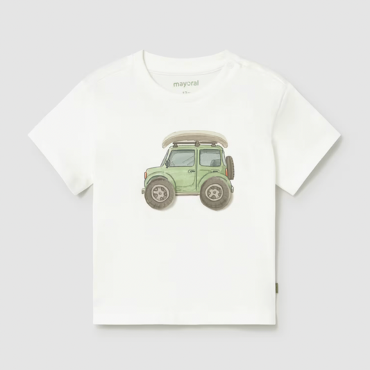 White t-shirt with a green car graphic on a light gray background