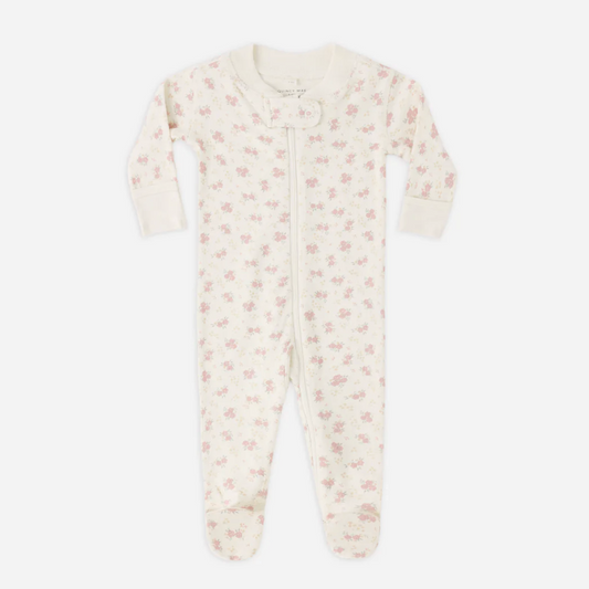 Baby onesie with floral pattern on a white background
