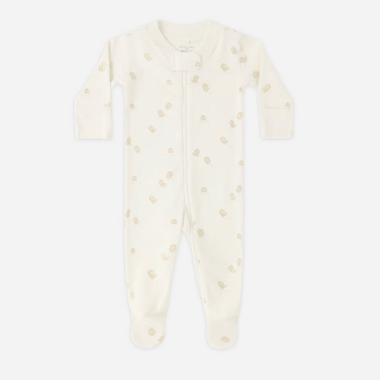 White baby onesie with small ducks on a white background
