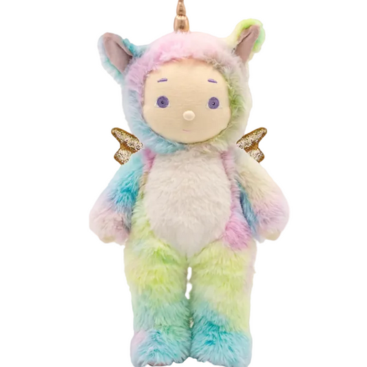 Pastel-colored plush toy with unicorn design on a white background