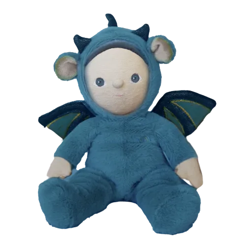 Blue plush toy with dragon costume on a white background
