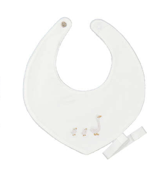 White baby bib with embroidered goose motif and snap closure, with attached pacifier clip, Mayoral newborn bib