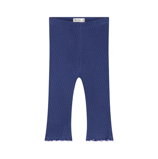 A pair of ribbed knit baby leggings in a deep blue color, featuring a wide waistband and flared legs with a ruffled edge, shown flat on a white background.