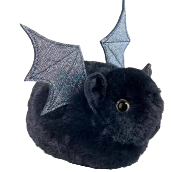 A black plush bat toy with textured fabric wings and a shiny gold eye, shown against a pale cream background.