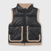 Black puffer vest with beige sherpa lining on a white background