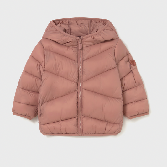 Pink puffer jacket on a light gray background