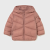 Pink puffer jacket on a light gray background