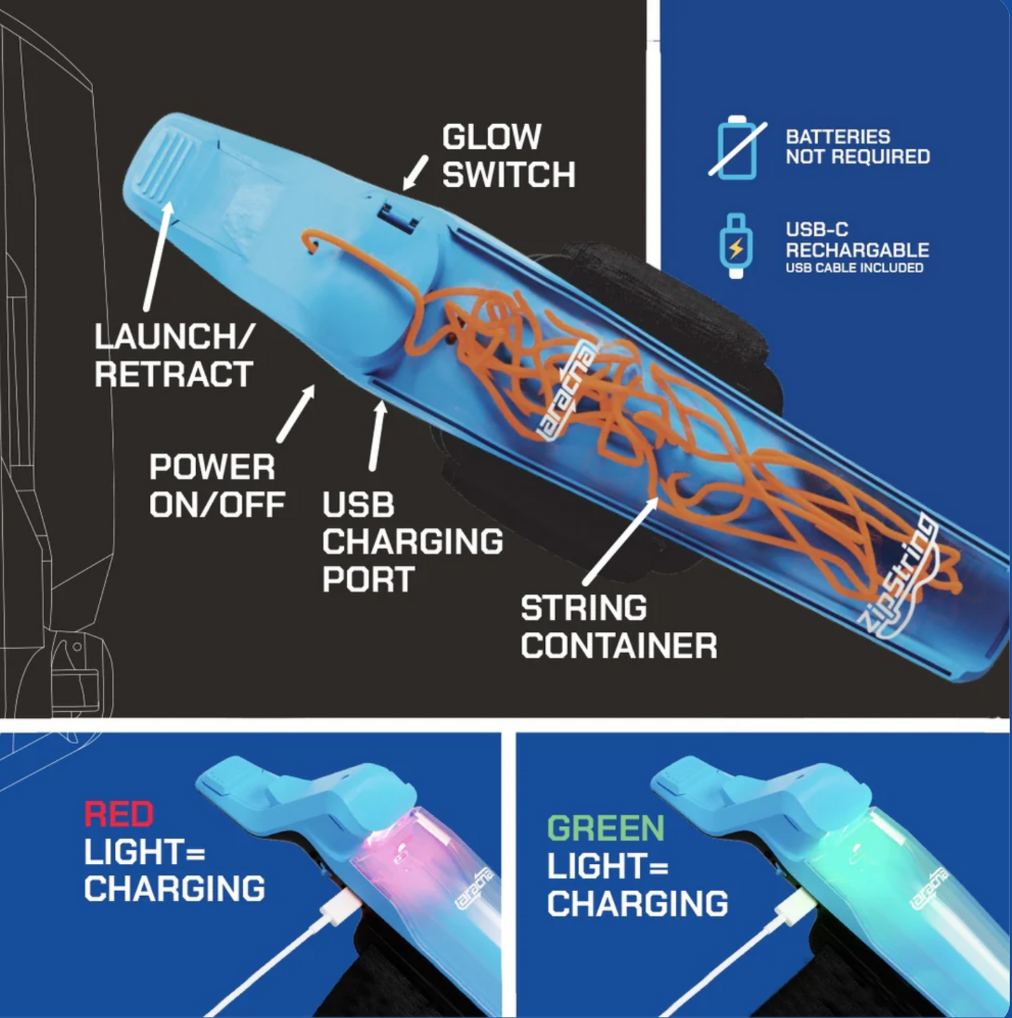 Aracna Zipstring wrist-worn string launcher toy shown in action
