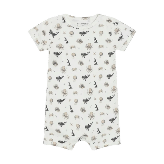 Baby romper with ocean animal pattern on a white background