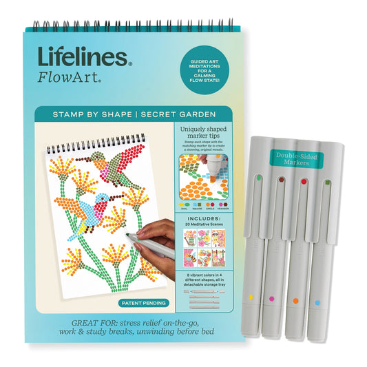Lifelines FlowArt stamp by shape kit with coloring book and markers on a white background