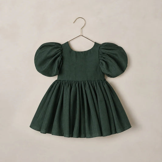 A dark forest green toddler dress with puffy short sleeves and a gathered flared skirt.