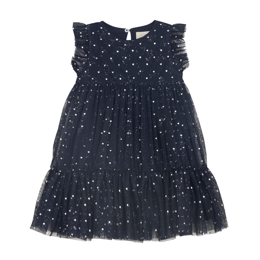 A navy blue sleeveless mesh dress with stars pattern, designed for girls.