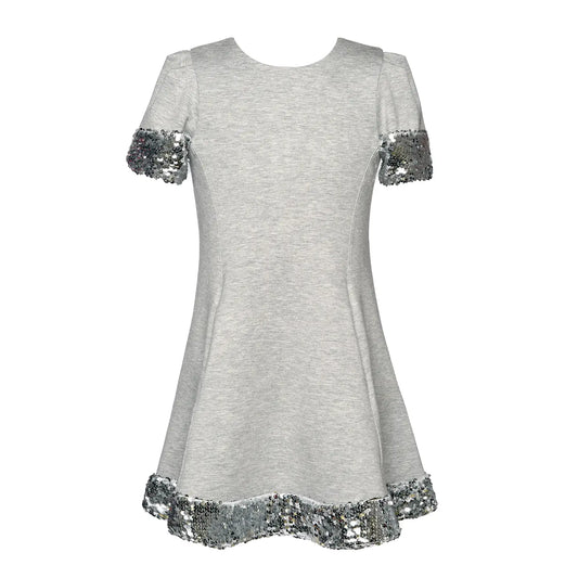 Gray dress with silver sequin details on sleeves and hem against a white background