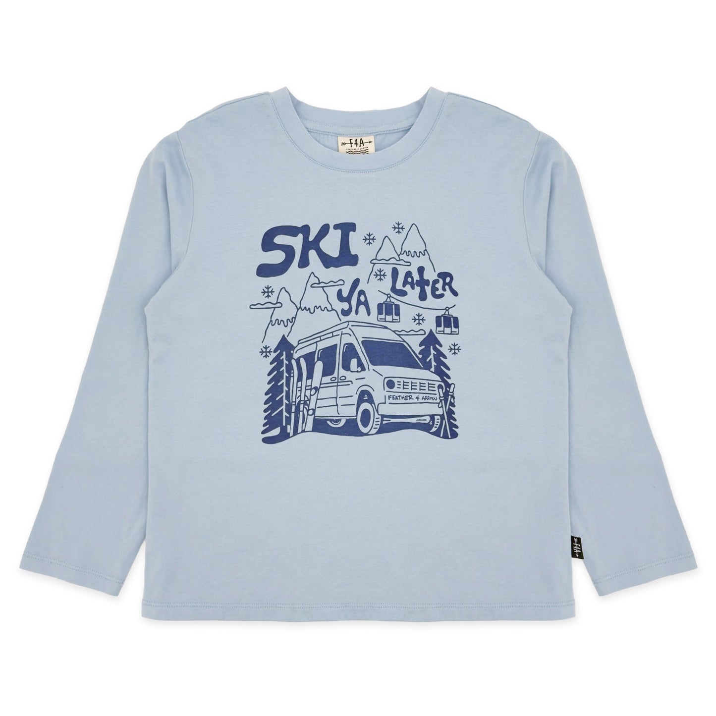 Light blue long-sleeve shirt with graphic design on a white background