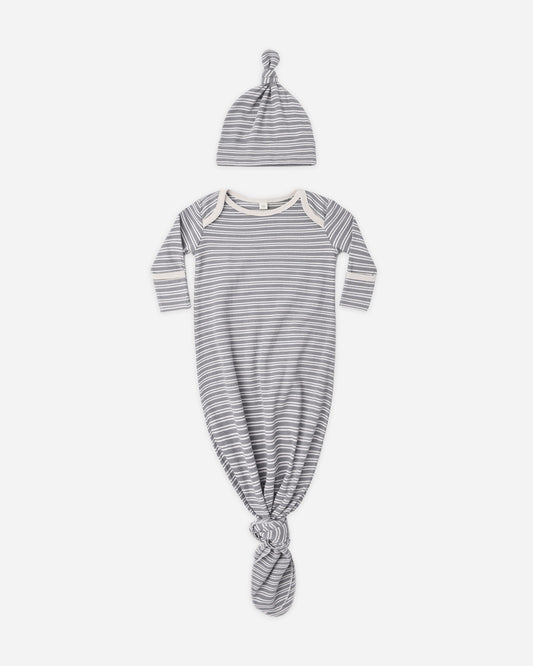 Slate Microstripe Gown + Hat flat lay - Quincy Mae organic cotton knotted baby gown and hat set