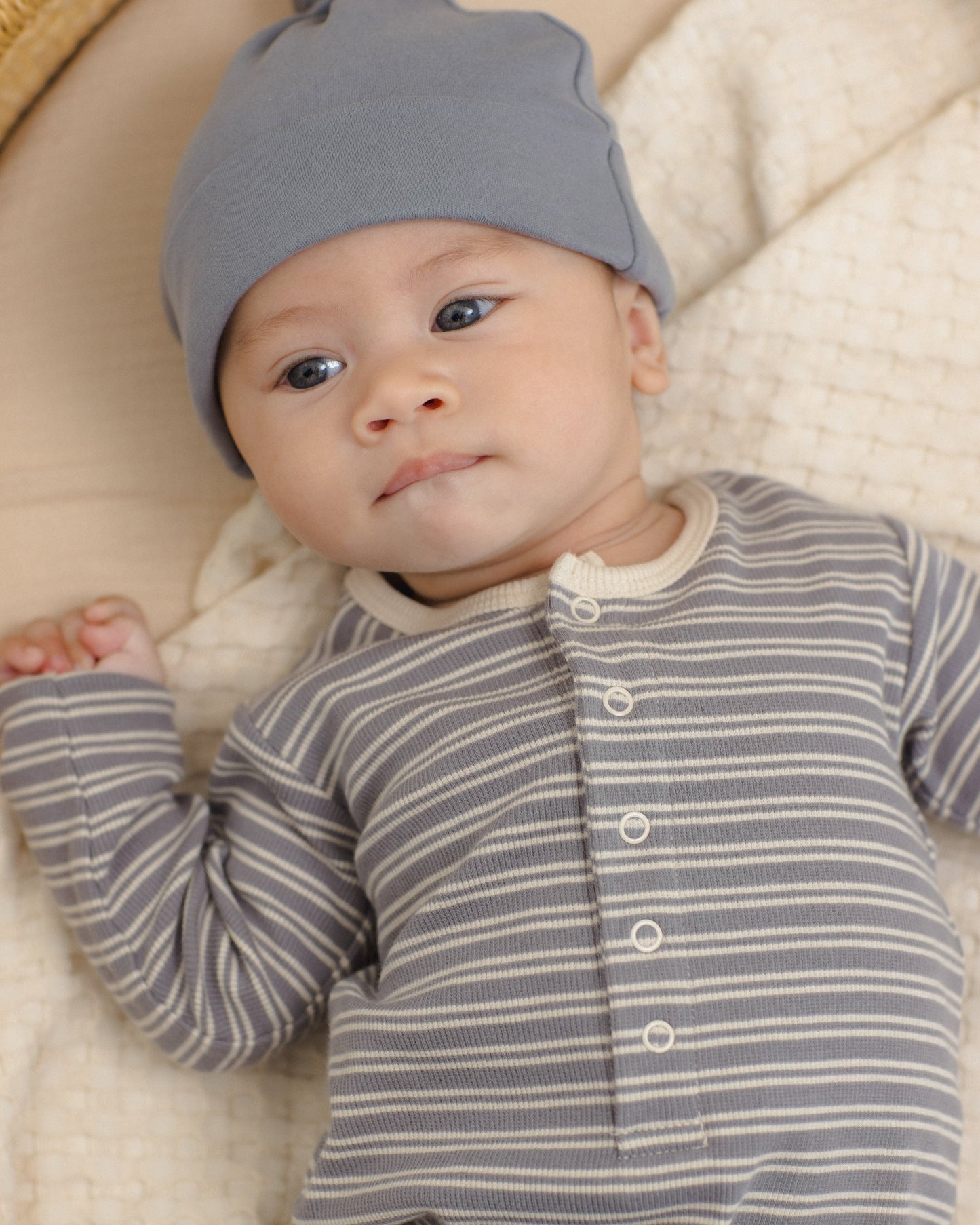 Slate Microstripe Ribbed Romper, lifestyle photo of baby