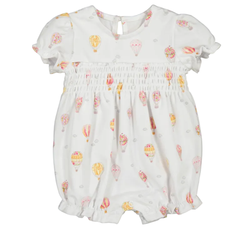 Baby romper with floral and hot air balloon pattern