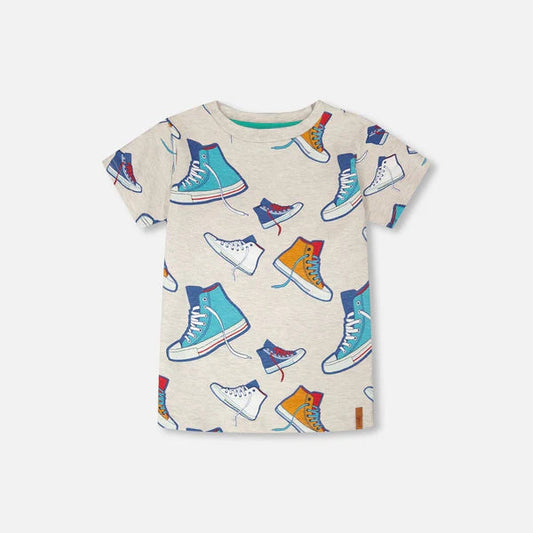 T-shirt with colorful shoe pattern on a white background