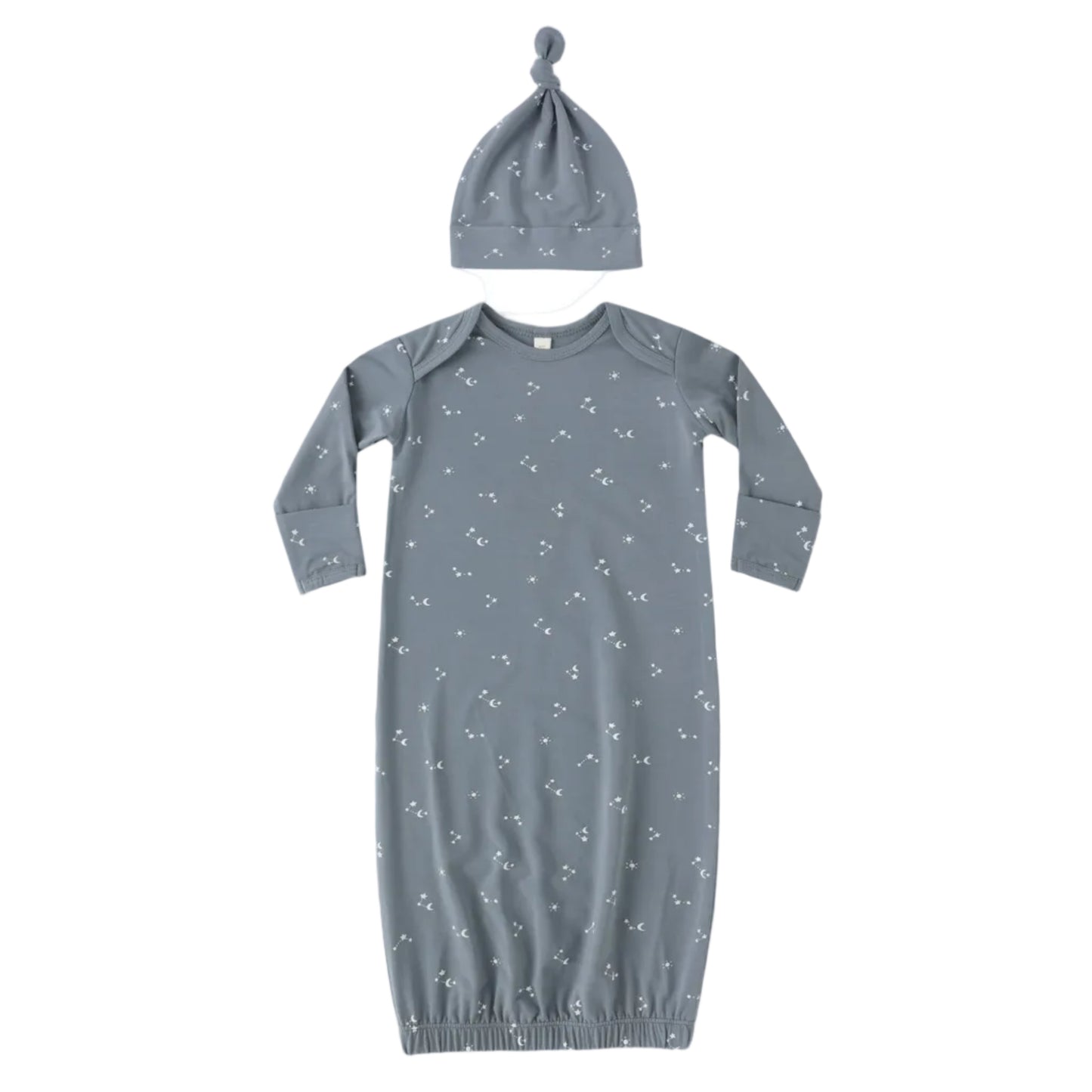 Navy baby gown with star pattern and matching hat on a white background