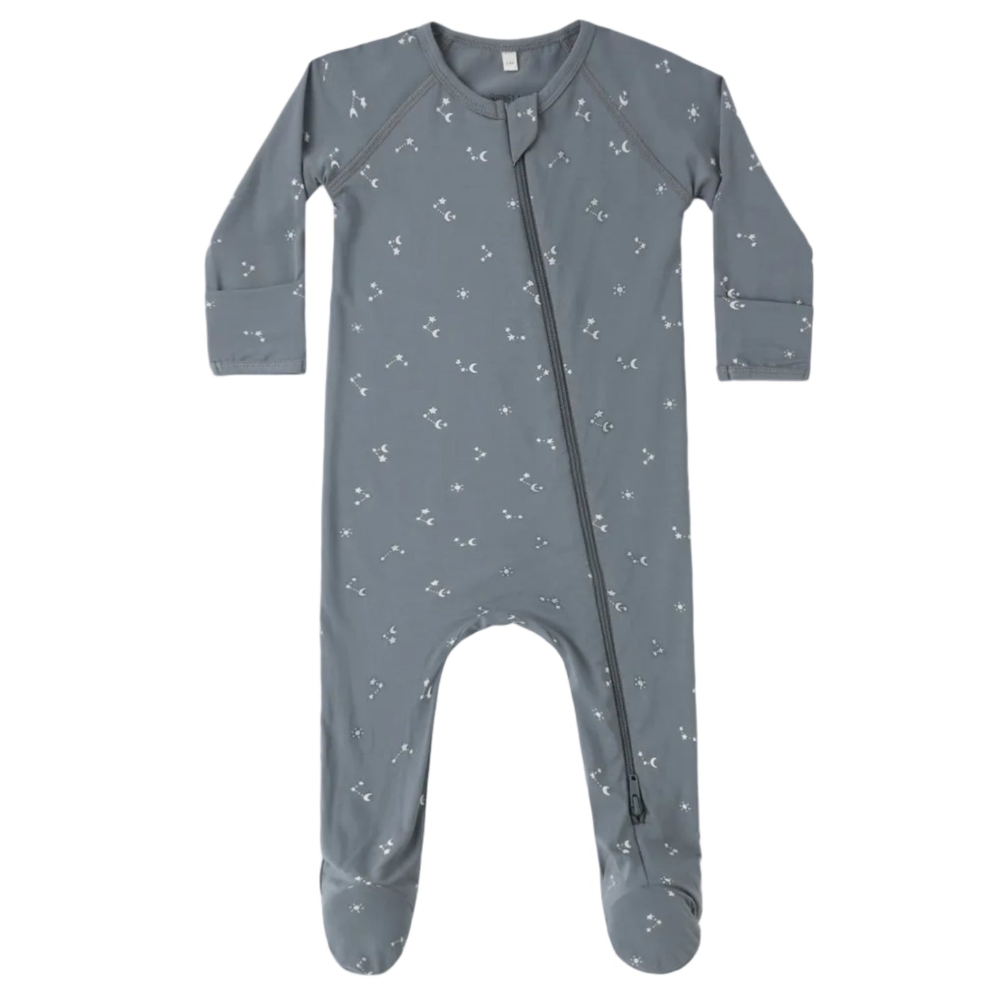 Dark blue baby footie with star pattern and zip closure