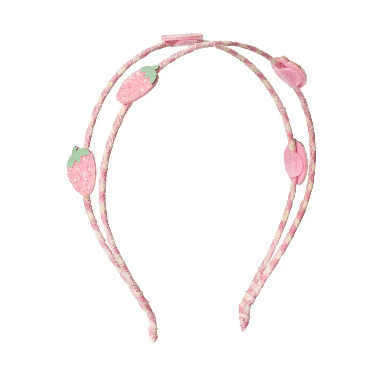 Pink headband with strawberry-shaped clips on a white background