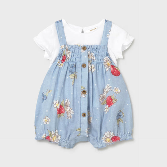 Children's denim romper with floral embroidery on a light gray background