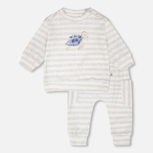 White and gray stripe baby long sleeve pant and short set with blue turtle on shirt