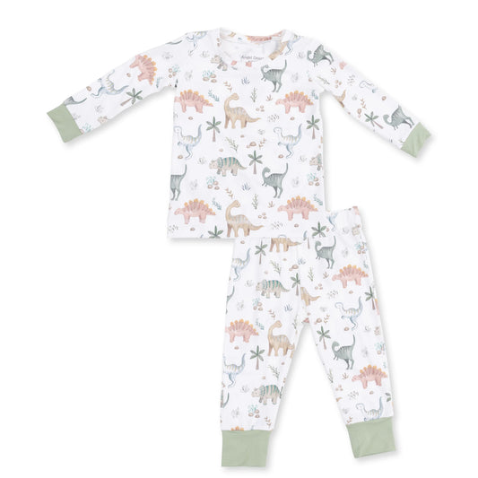 Kid pajama set with all over dino print in neutral and green colors