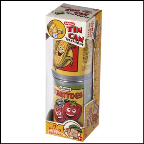 Schylling Tin Can Telephone packaging with colorful graphics on a white background
