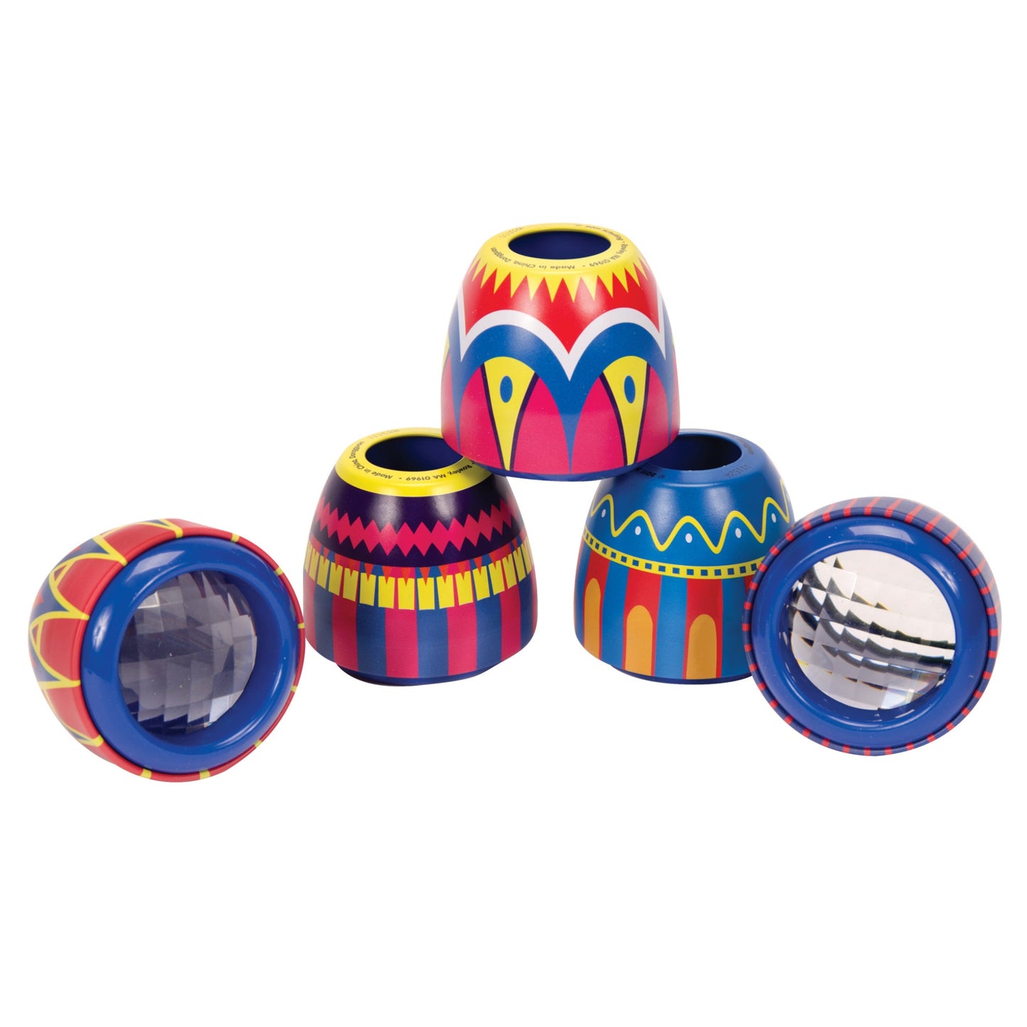 Colorful plastic cups with patterned designs on a white background