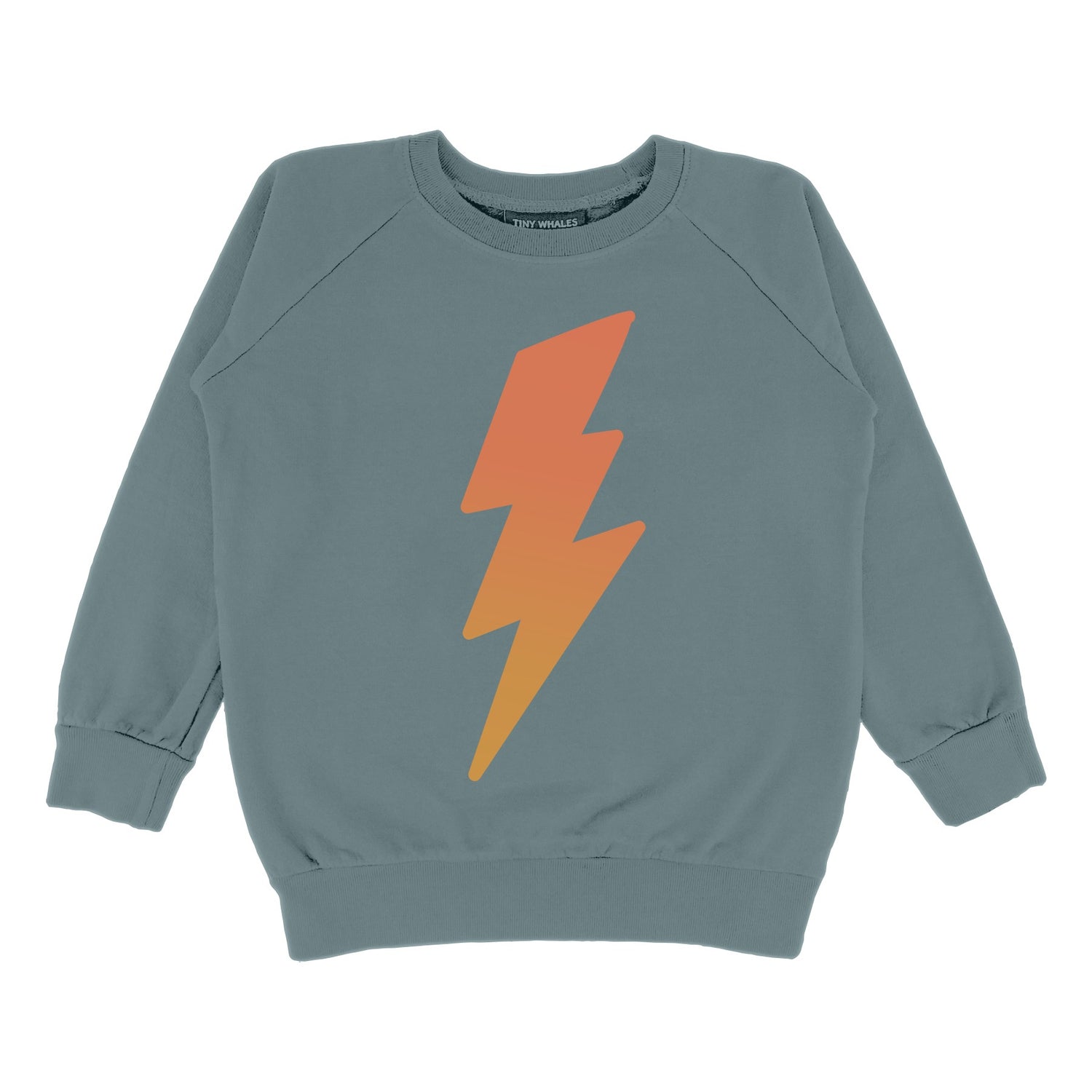 A gray crewneck sweatshirt with a large orange and yellow lightning bolt graphic on the front.