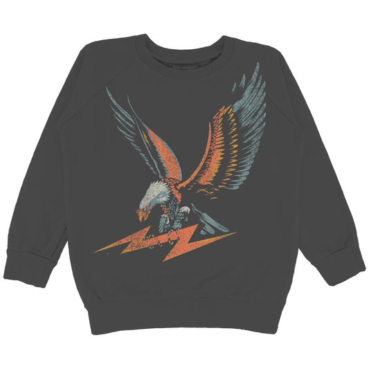A black crewneck sweatshirt with a graphic of an eagle in flight, with outstretched wings, above a lightning bolt.