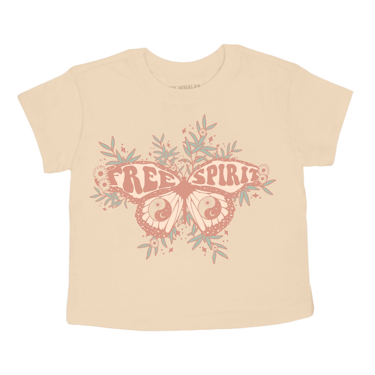 A beige colored boxy tee with a graphic of a butterfly and the text 'FREE SPIRIT' on it.