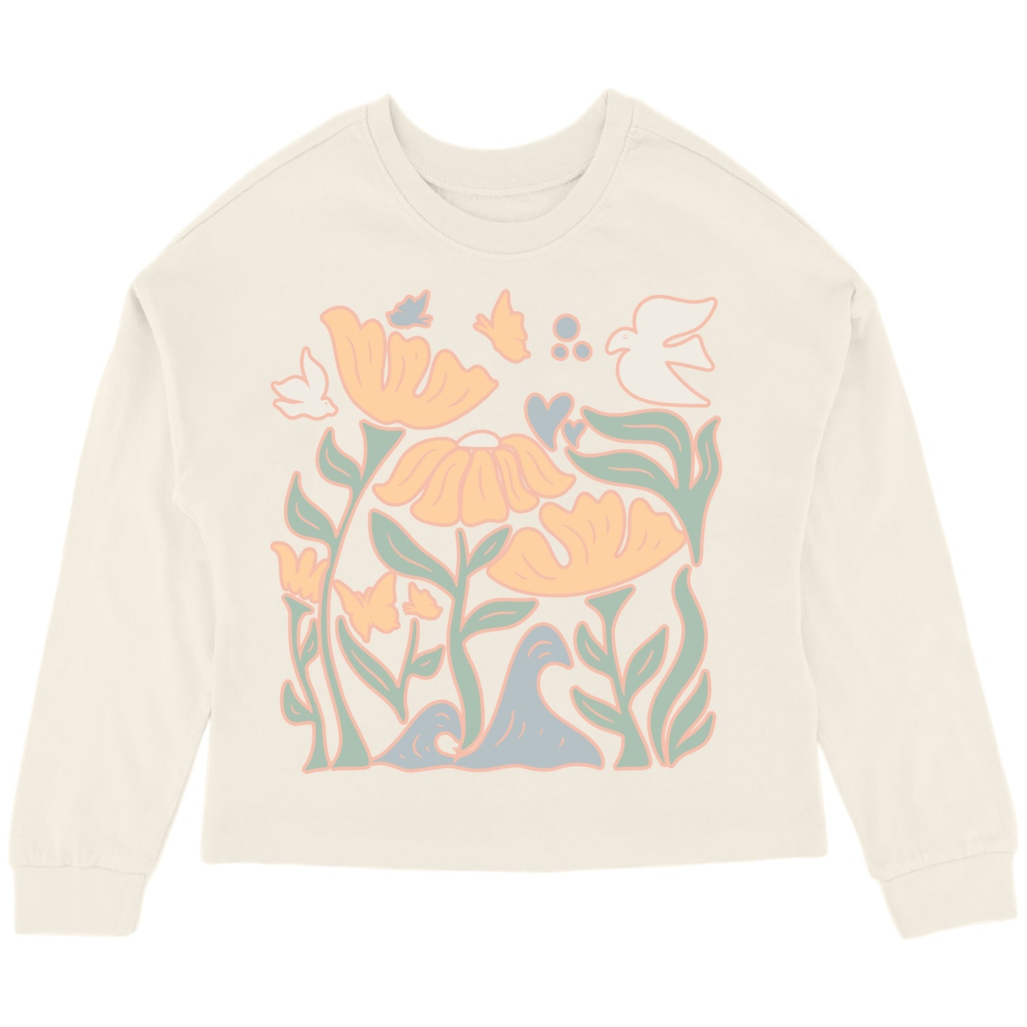 An oversized top with a floral graphic design in multicolor on a beige background.