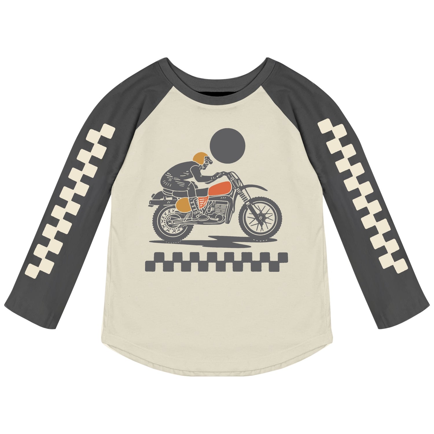 A long-sleeved motorcycle-themed raglan top for kids, primarily in beige color with black checkered patterns on the sleeves and a graphic of a motorcycle and rider on the front.